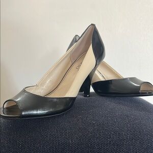 Franco Sarto Black and Cream Peep-Toe Heels